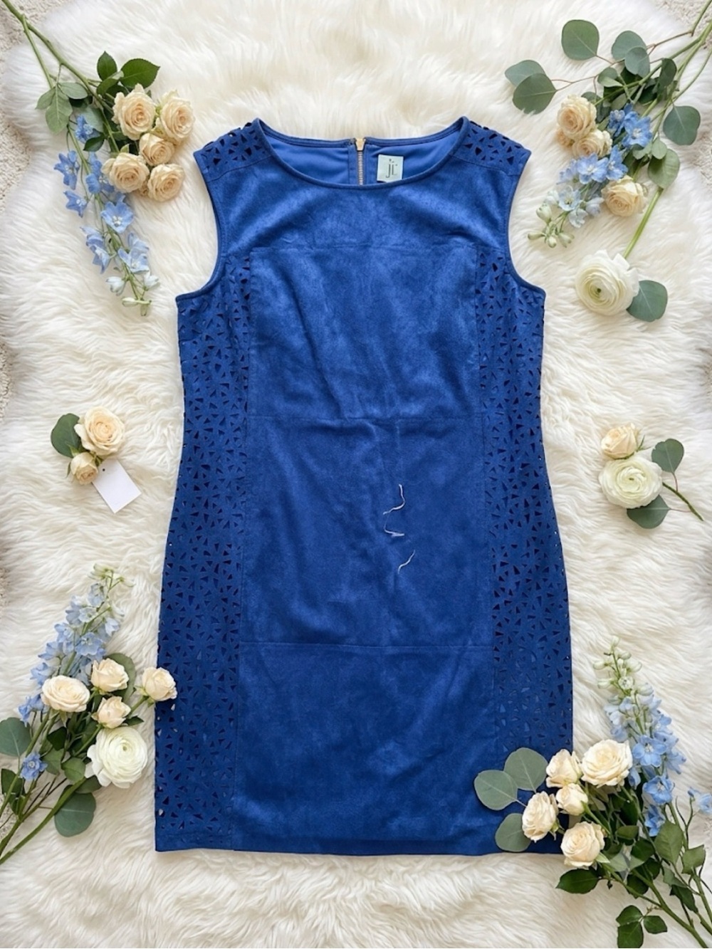 Blue Sleeveless Faux Suede Sheath Dress With Laser Cut Panels